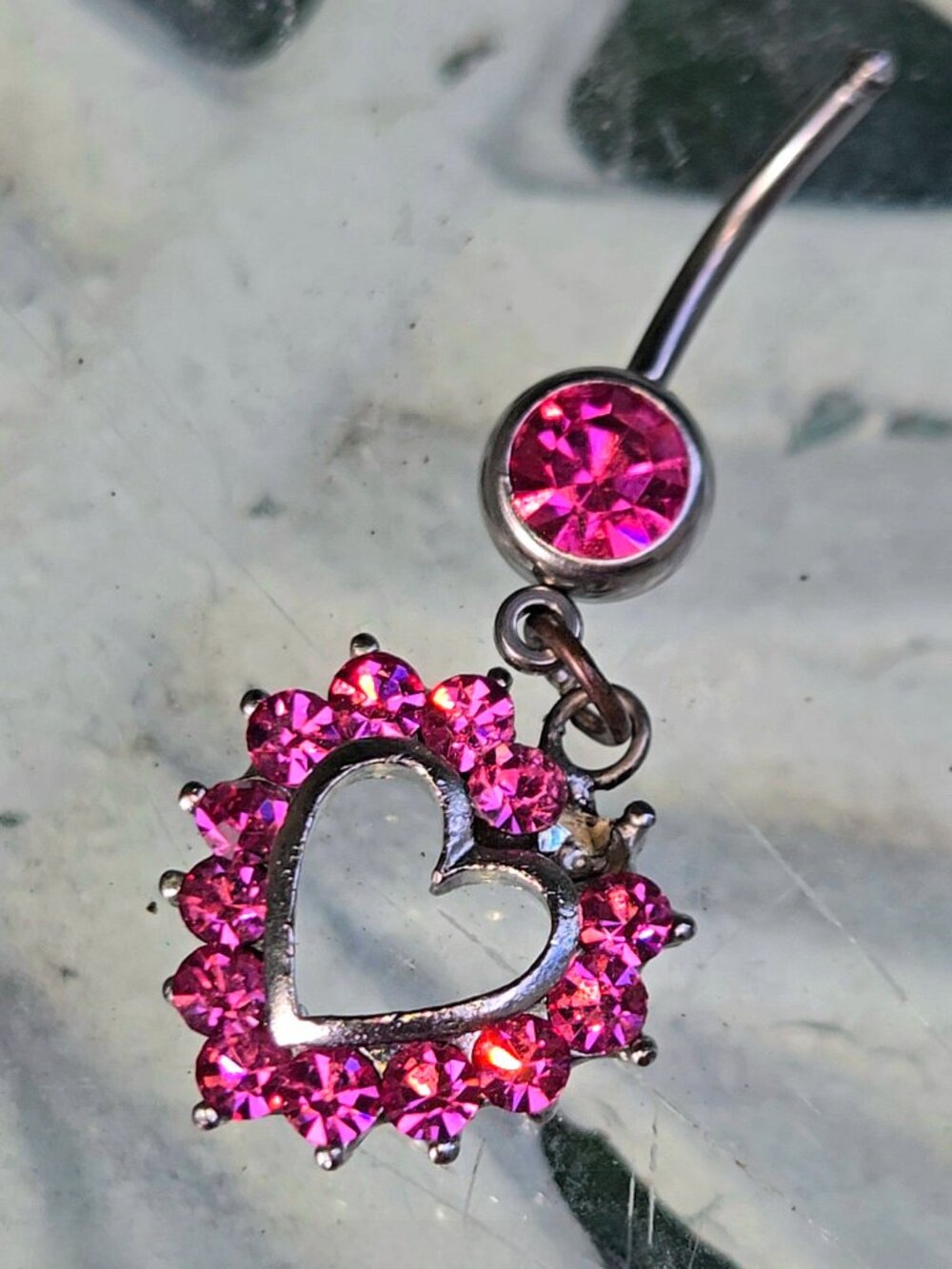 Rhinestone Heart Dangle Belly Button Ring | 14G Surgical Steel Navel Jewelry
